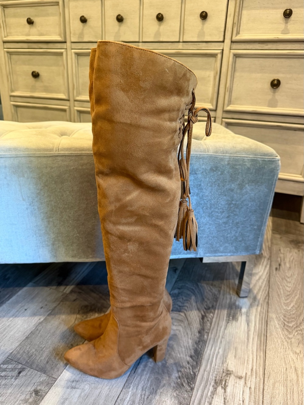 Camel Tan Suede Over-the-Knee Tassel Boots